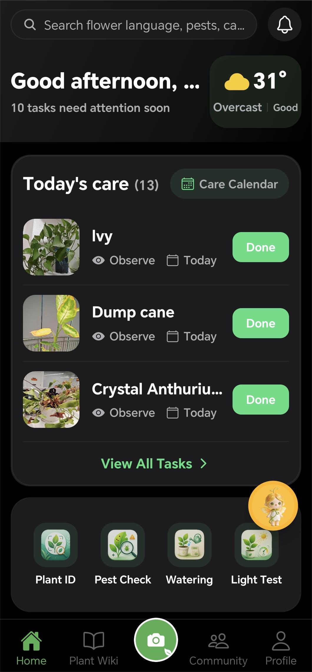 FoliagePal app home and care tasks